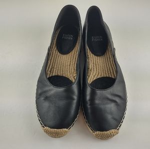 Eileen Fisher Black Leather Slip-on Espadrille Flats